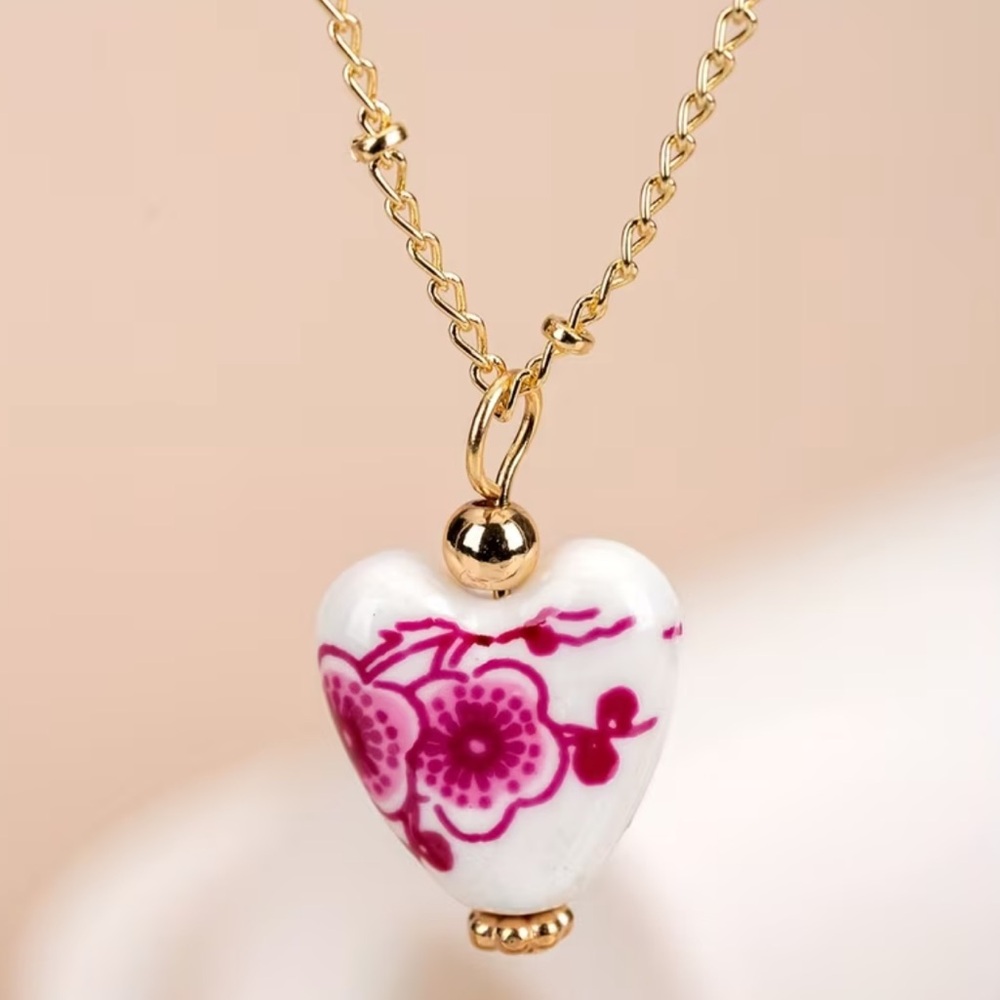 NEW Pink Toile Porcelain Heart Pendant Gold Necklace
